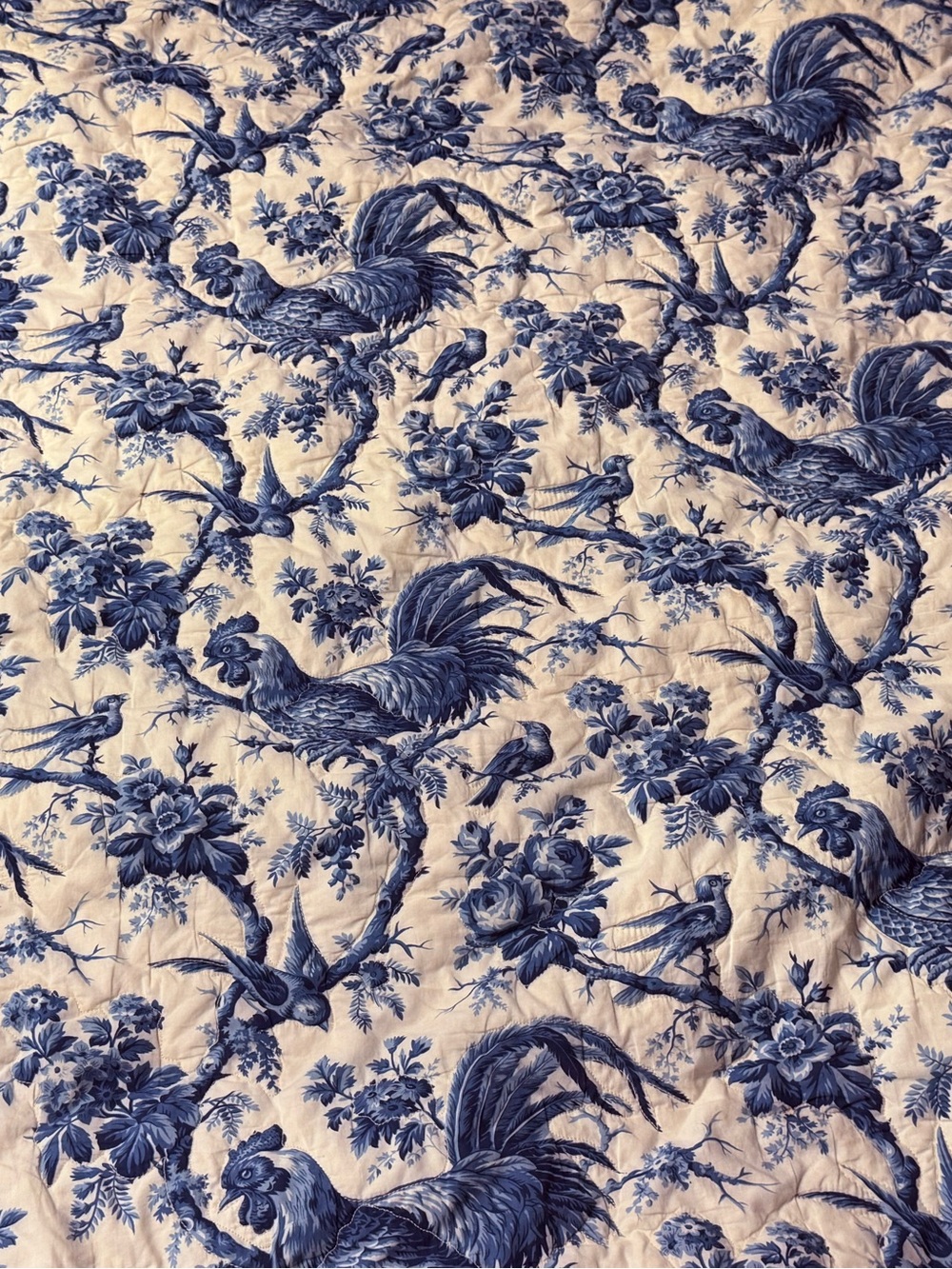 PIERRE FREY Le Coq Blue Rooster Quilted Custom Bedspread Quilt 110" × 102"